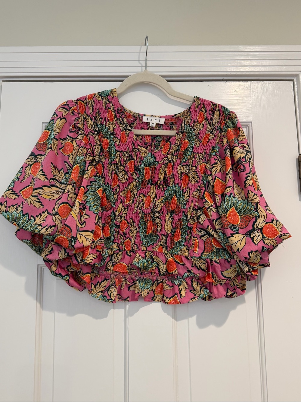 THML Pink Floral & Fruit Smocked Crop Top